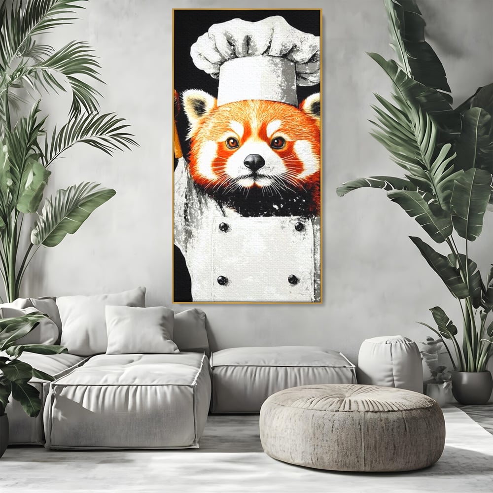 Tablou canvas cu tablou canvas cu panda rosu bucatar, in rama de aluminiu auriu, pe perete intr-un living